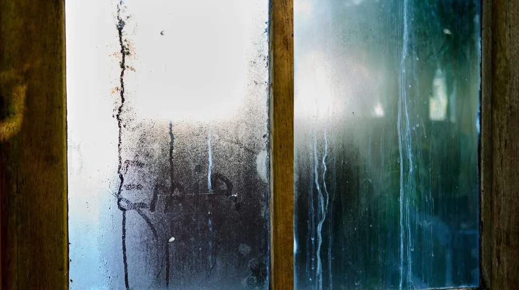 Condensation droplets on the inside of a window pane.